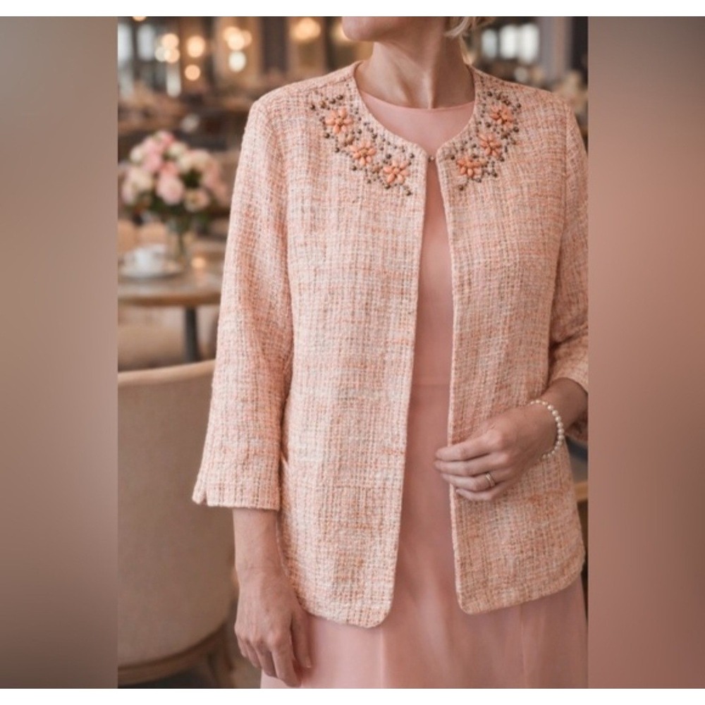 Alfred Dunner Pink Tweed Beaded Floral Jacket Petite 16P Ope Front Blazer 3/4Slv